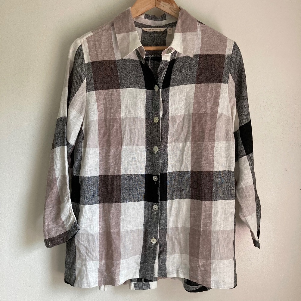 Soft Surroundings Taupe, Black & White Plaid Button-Down Shirt